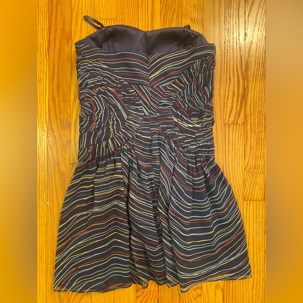 BCBG Strapless Corset Dress with Multicolor Stripes and Diaphanous Draping - Picture 4 of 12